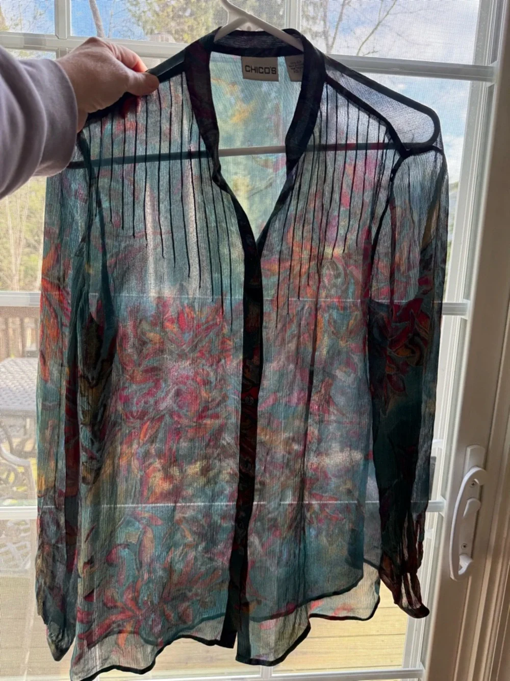 Chicos sheer button down floral silk blouse size 1 medium - Picture 3 of 10